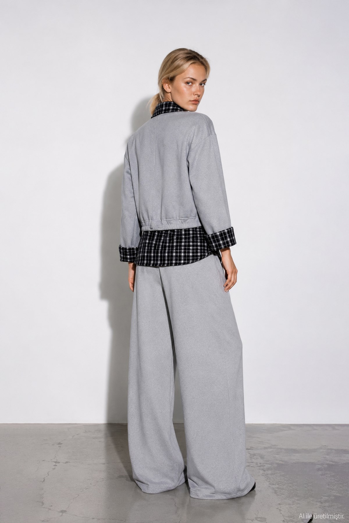 Quzu Ekose Detaylı Sweatshirt Gri Melanj