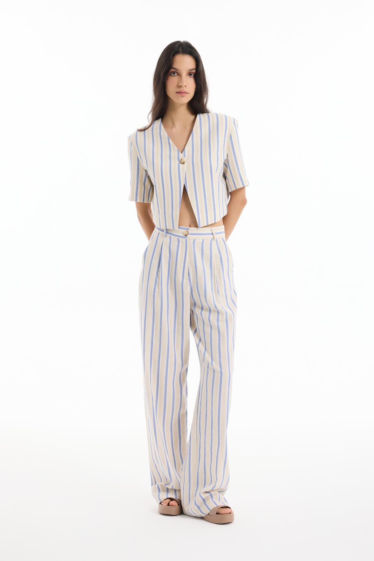 Quzu Etiket Detaylı Palazzo Pantolon Ekru