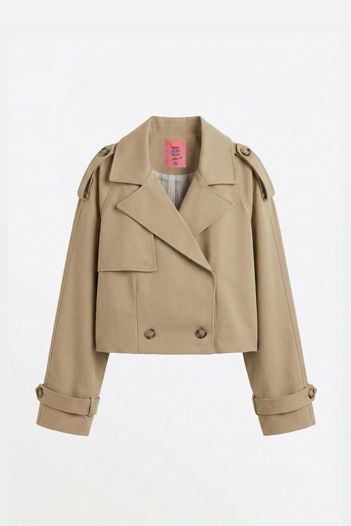 Quzu Etiket Detaylı Trençkot Bej