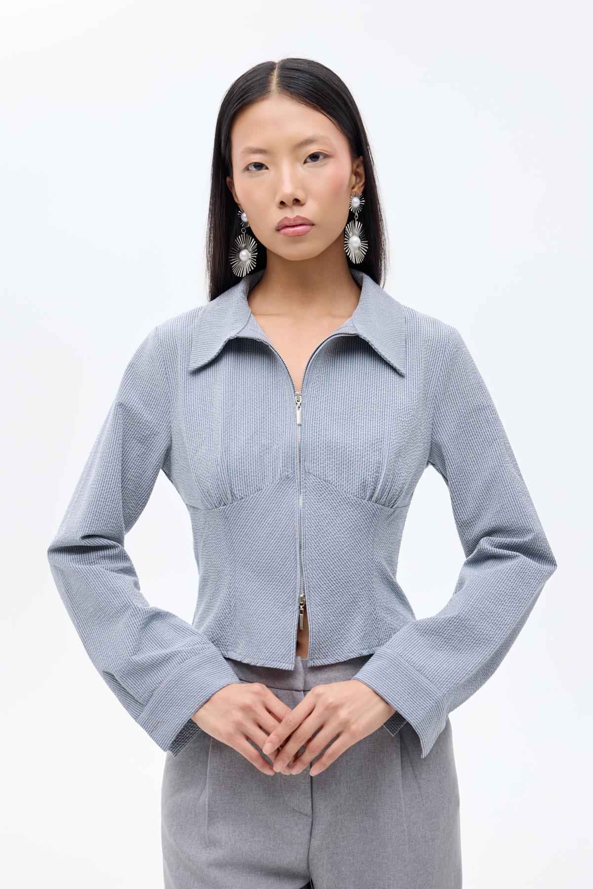 Quzu Fermuar Detaylı Gömlek Gri