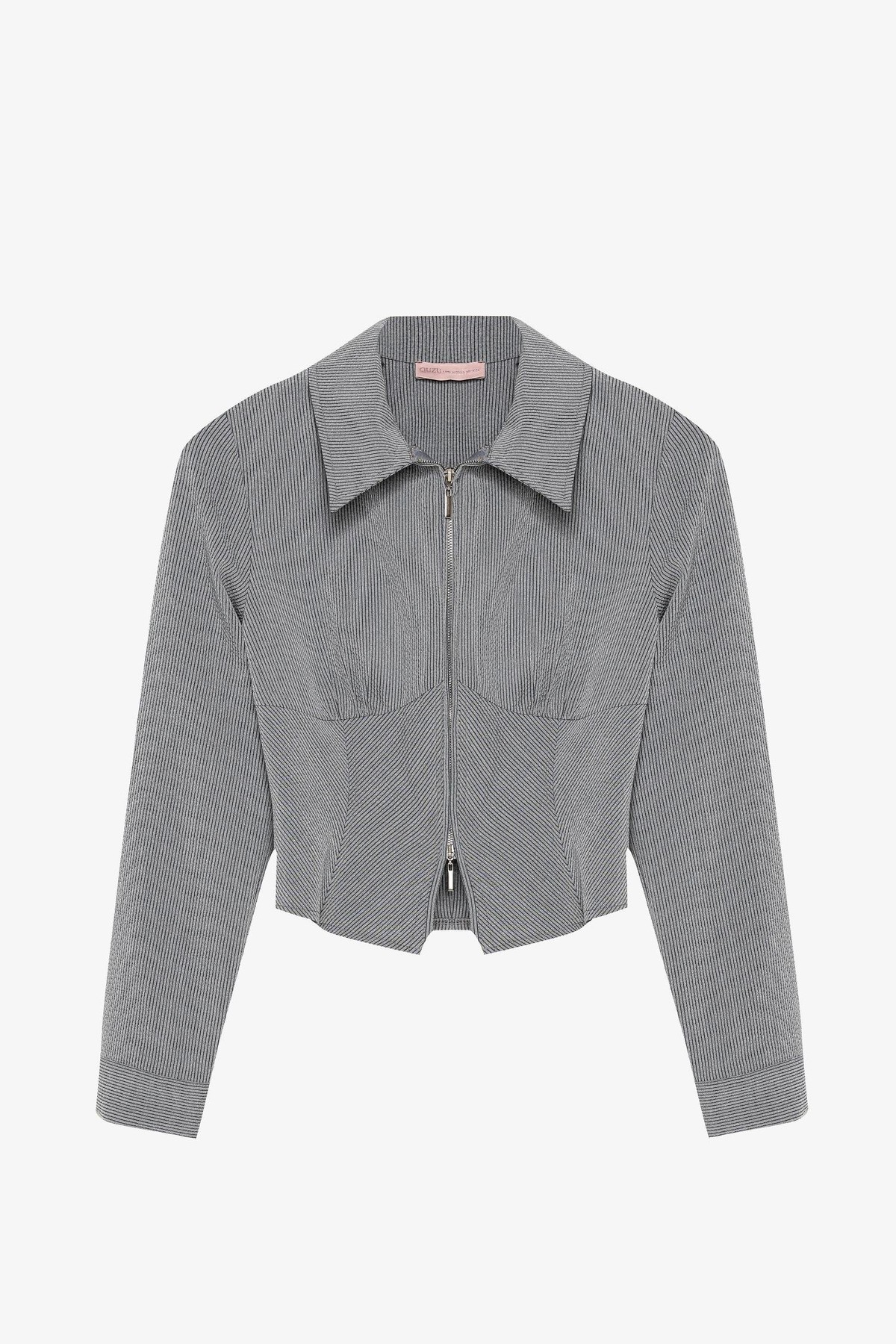 Quzu Fermuar Detaylı Gömlek Gri