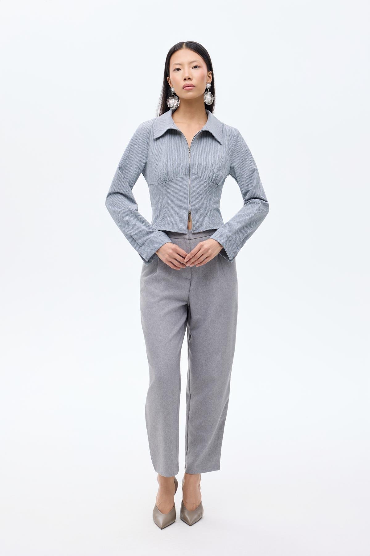 Quzu Fermuar Detaylı Gömlek Gri