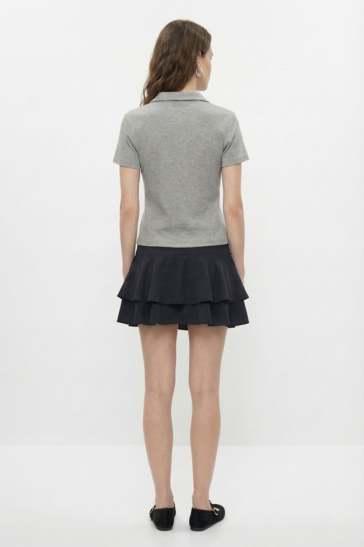 Quzu Fermuar Detaylı Kısa Kollu T-shirt Gri Melanj