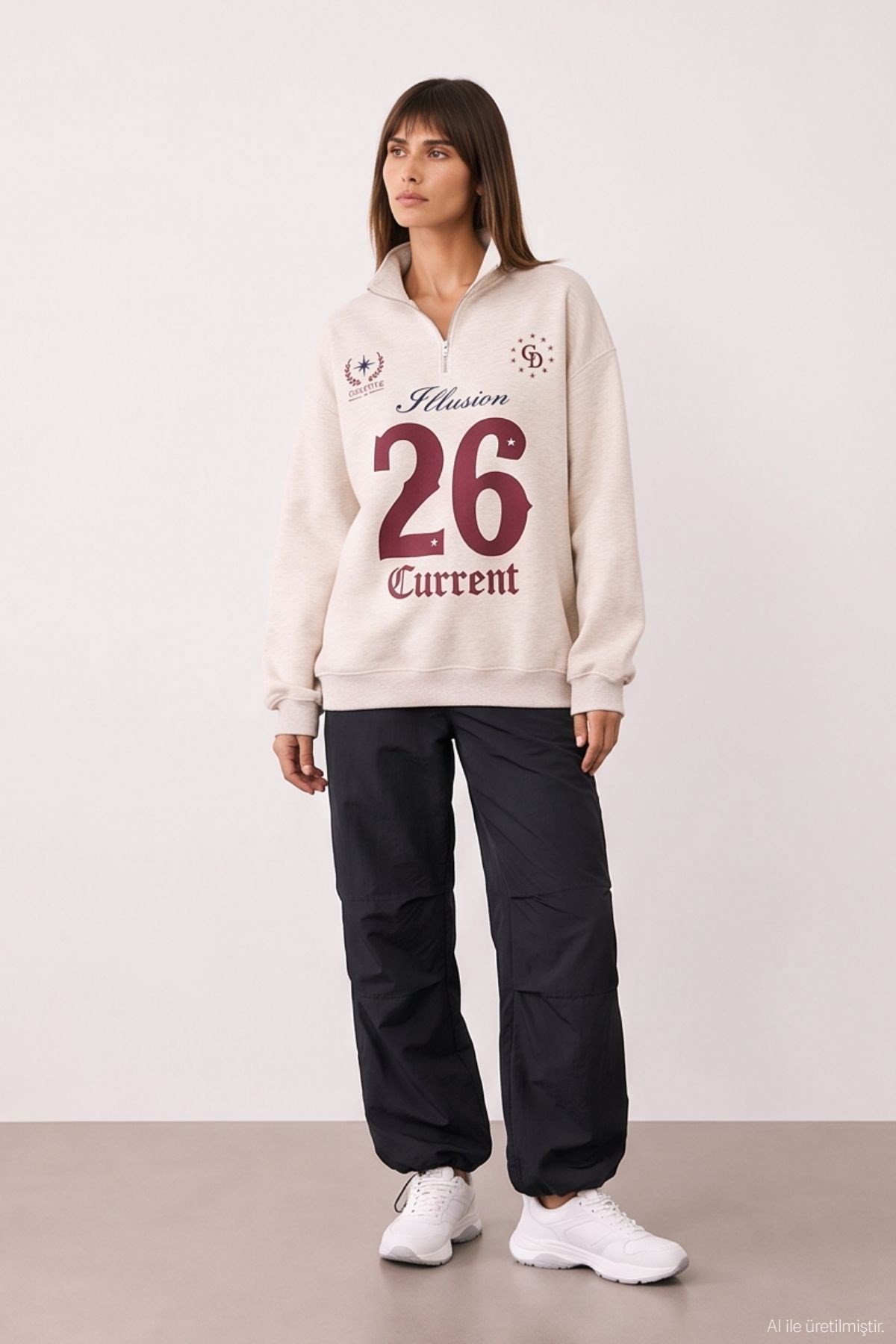Quzu Fermuar Detaylı Sweatshirt Bejmelanj