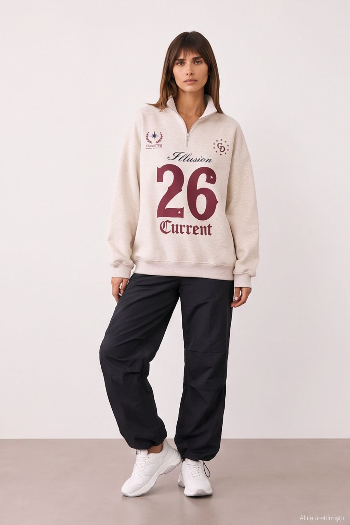 Quzu Fermuar Detaylı Sweatshirt Bejmelanj