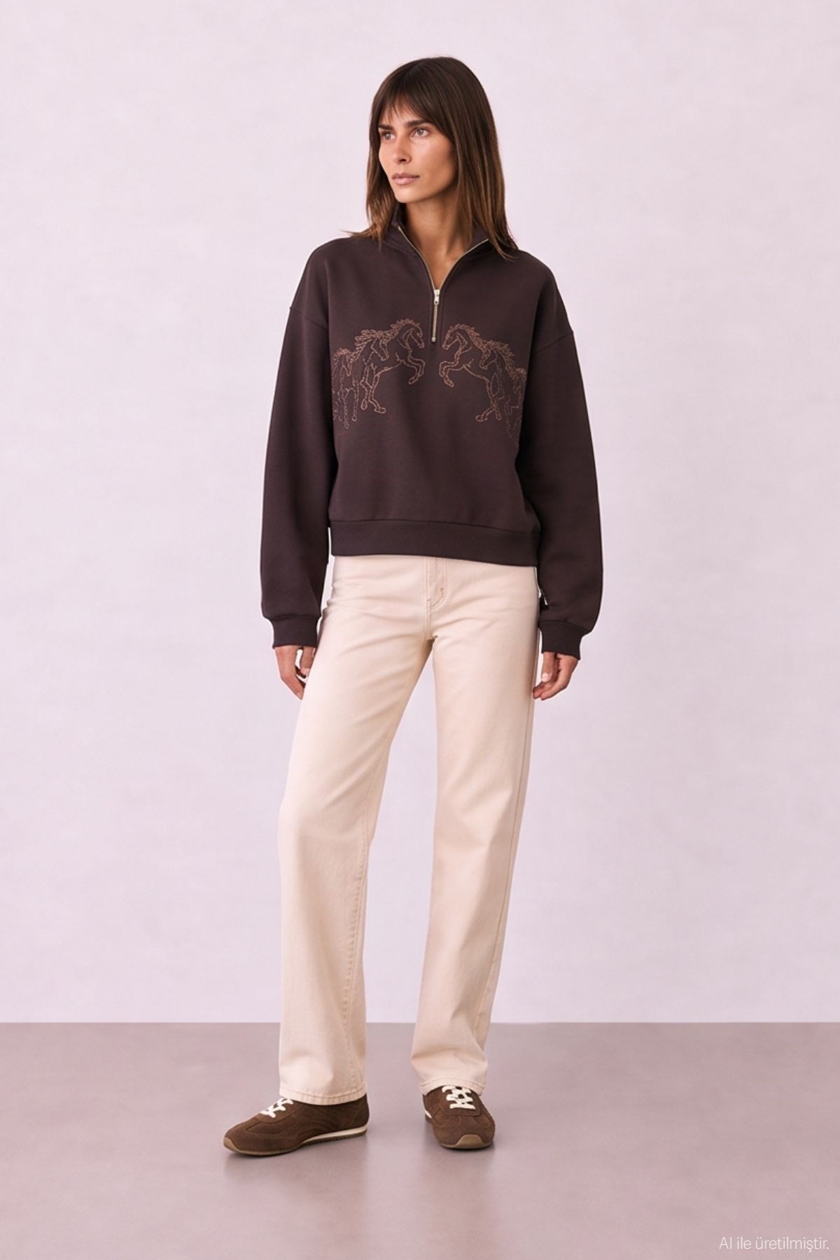 Quzu Fermuar Detaylı Sweatshirt Kahve