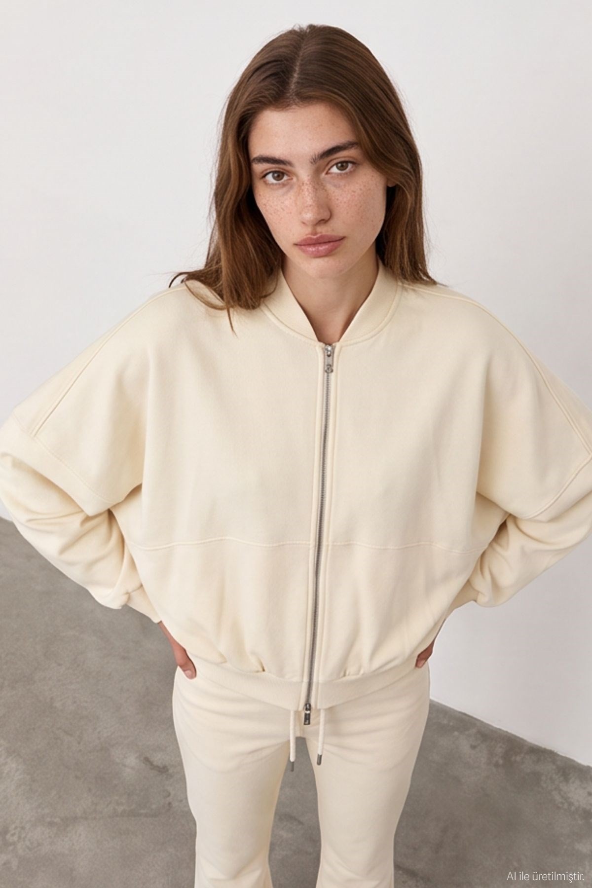 Quzu Fermuar Detaylı Sweatshirt Krem