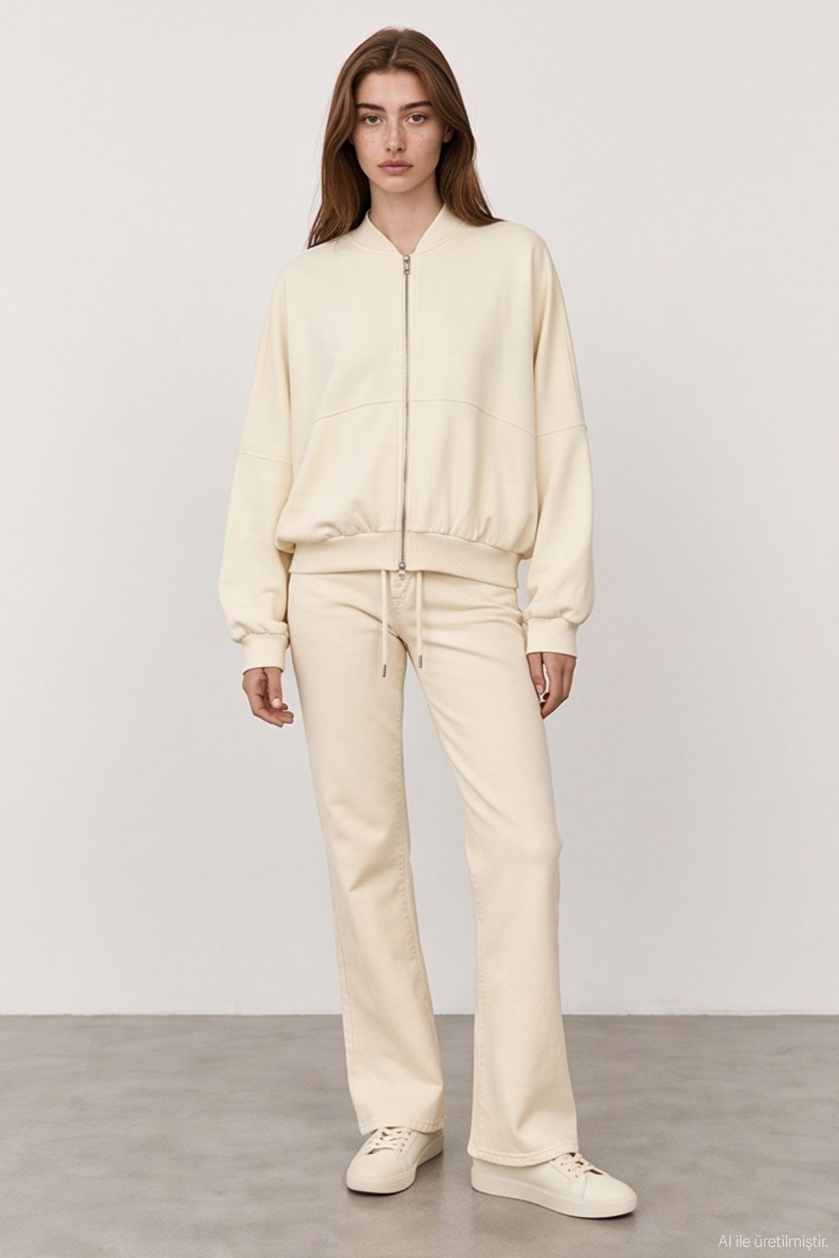 Quzu Fermuar Detaylı Sweatshirt Krem
