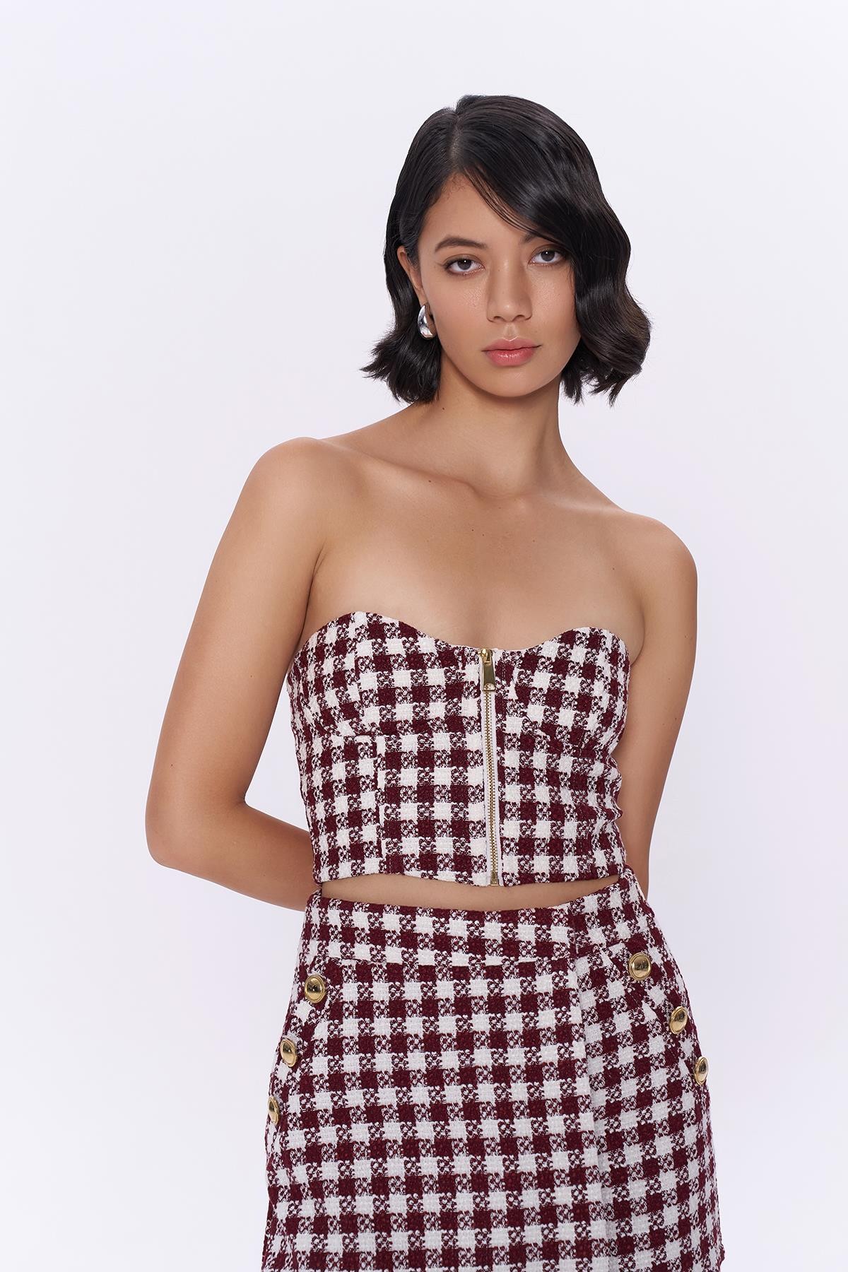 Quzu Fermuar Detaylı Tüvit Bluz Bordo