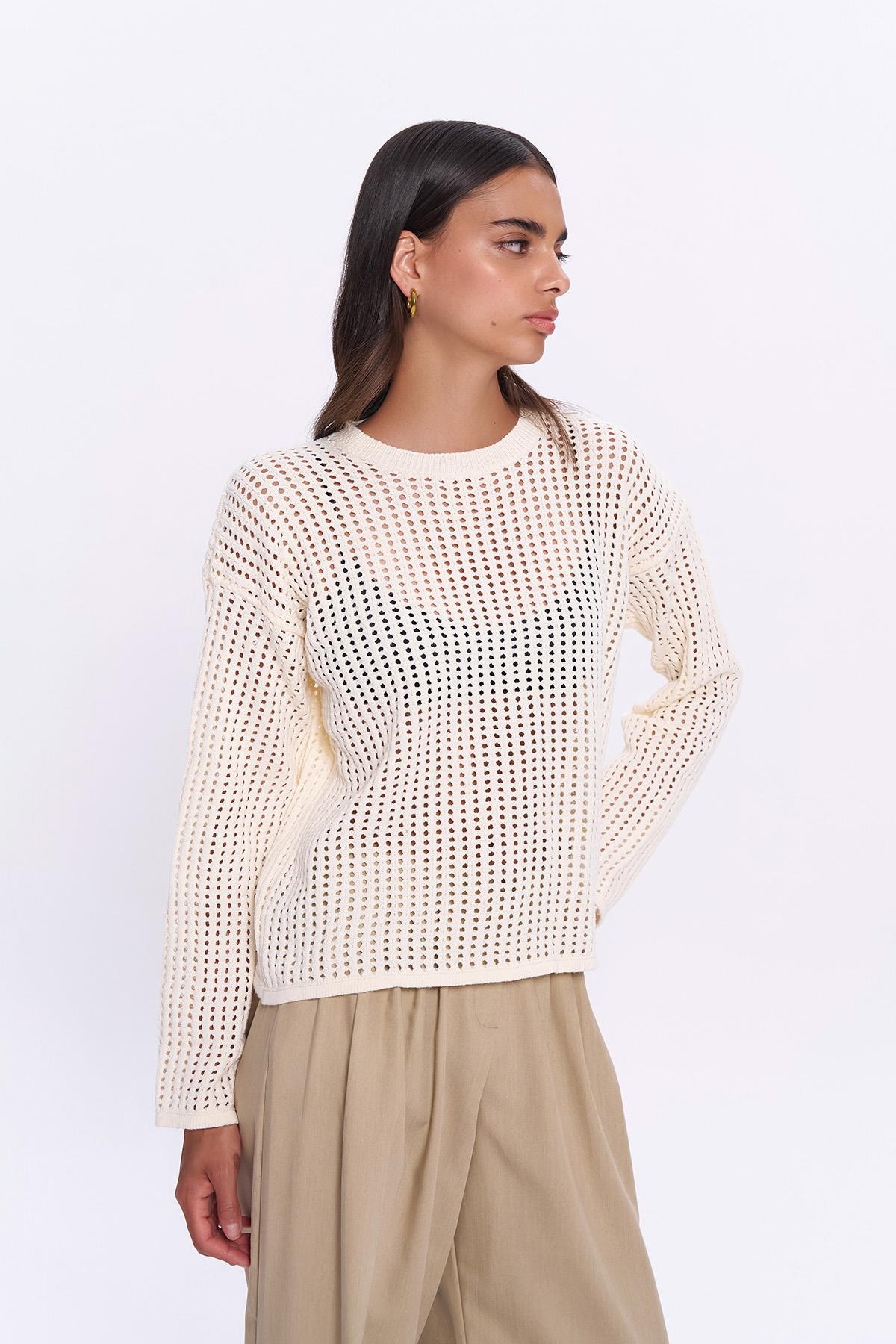 Quzu File Detaylı Triko Ekru