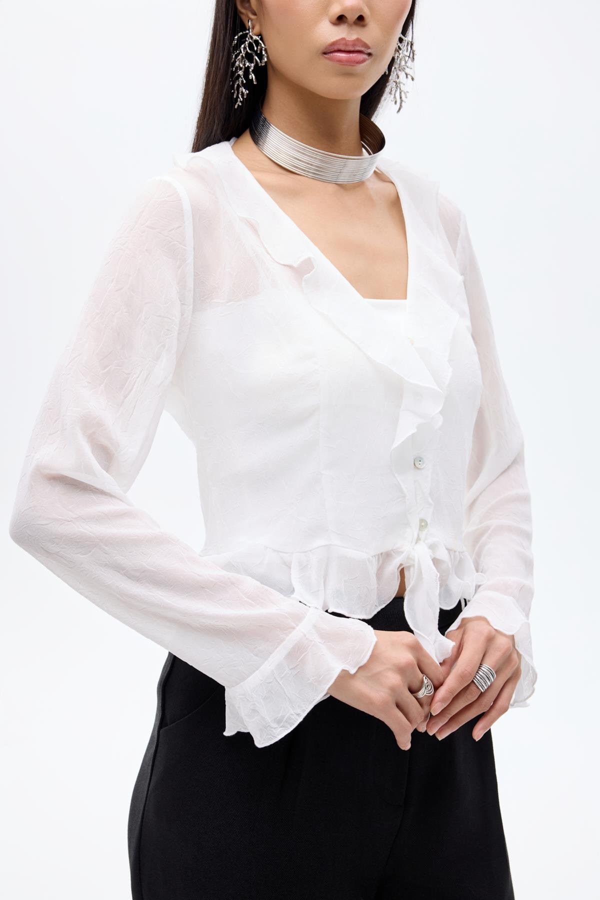 Quzu Fırfır Detaylı Bluz Ekru