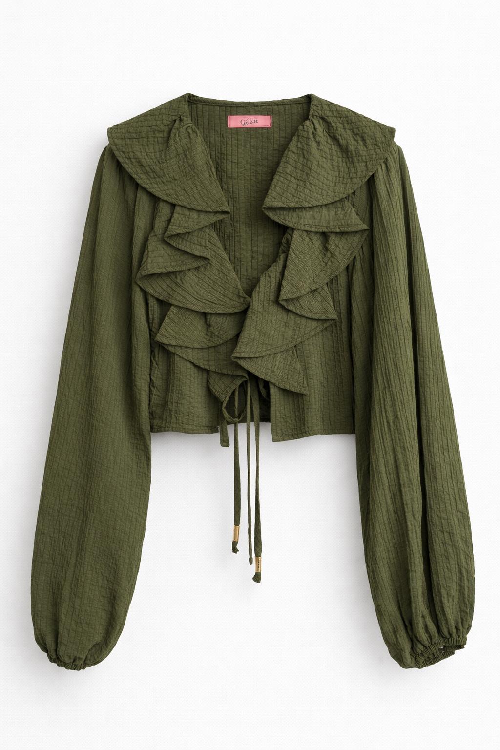 Quzu Fırfırlı Crop Bluz Haki