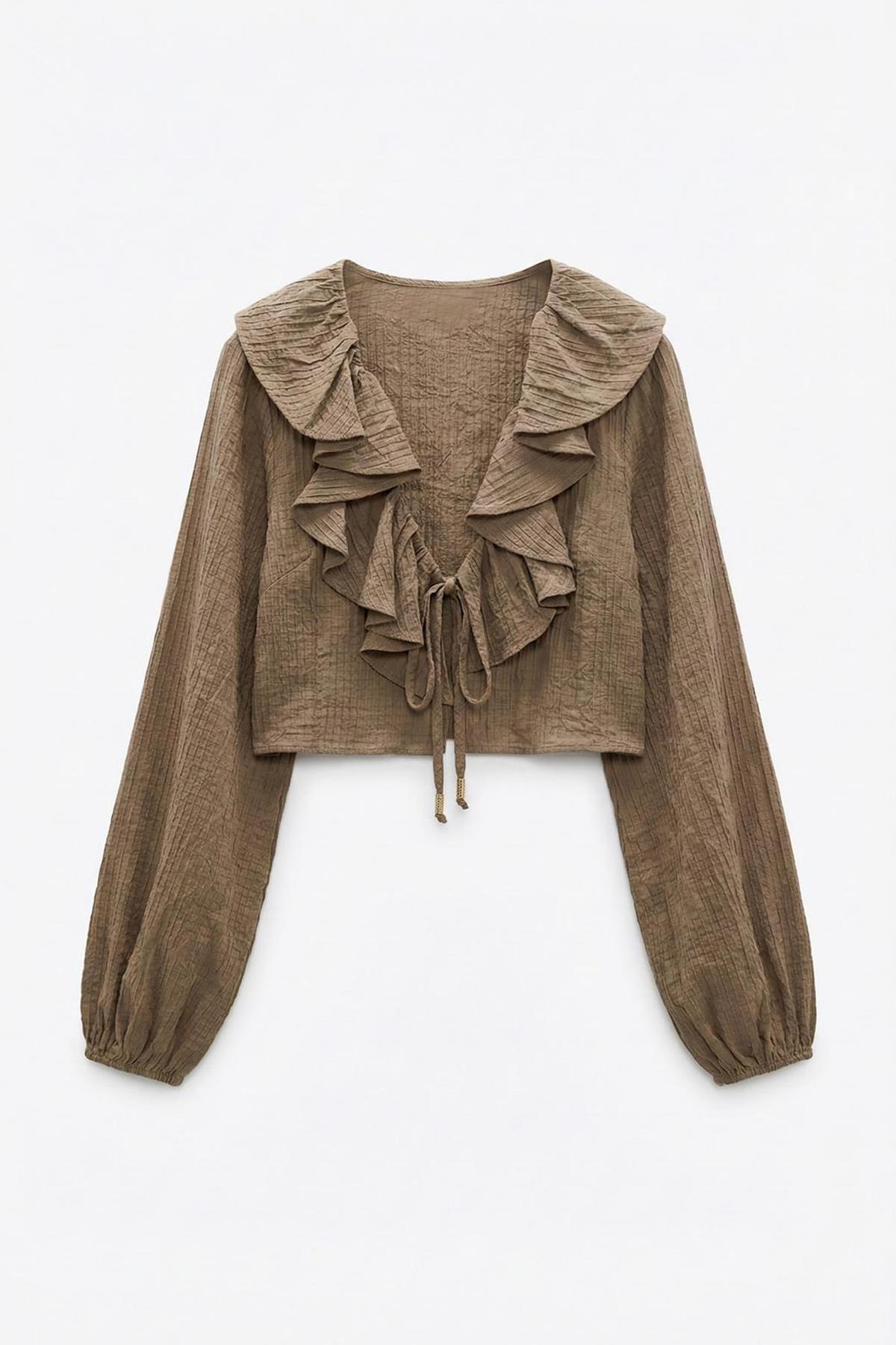 Quzu Fırfırlı Crop Bluz Vizon