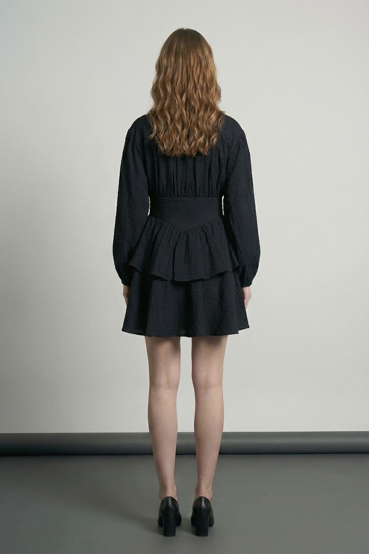 Quzu Fırfırlı Gömlek Elbise Siyah