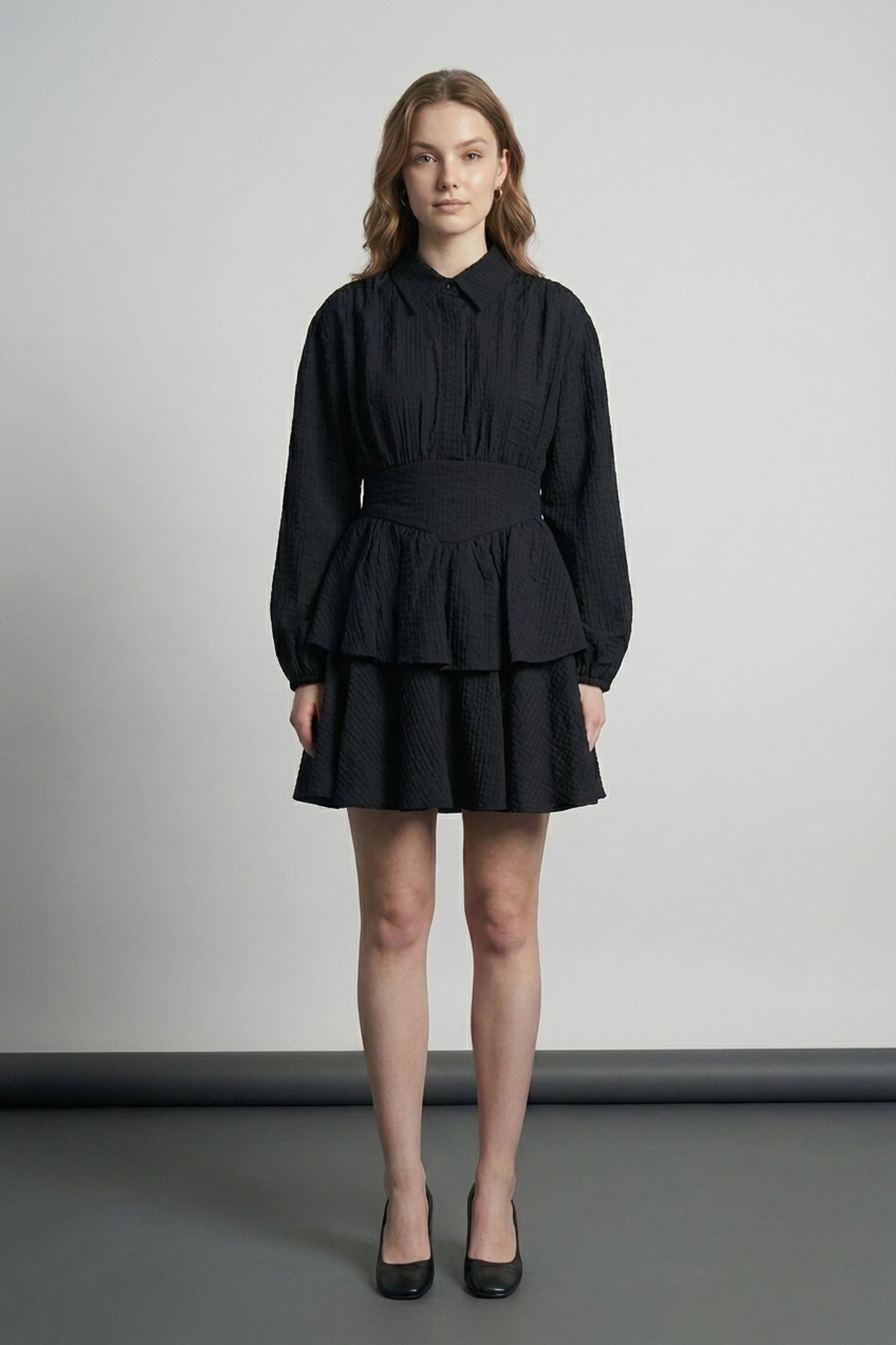 Quzu Fırfırlı Gömlek Elbise Siyah