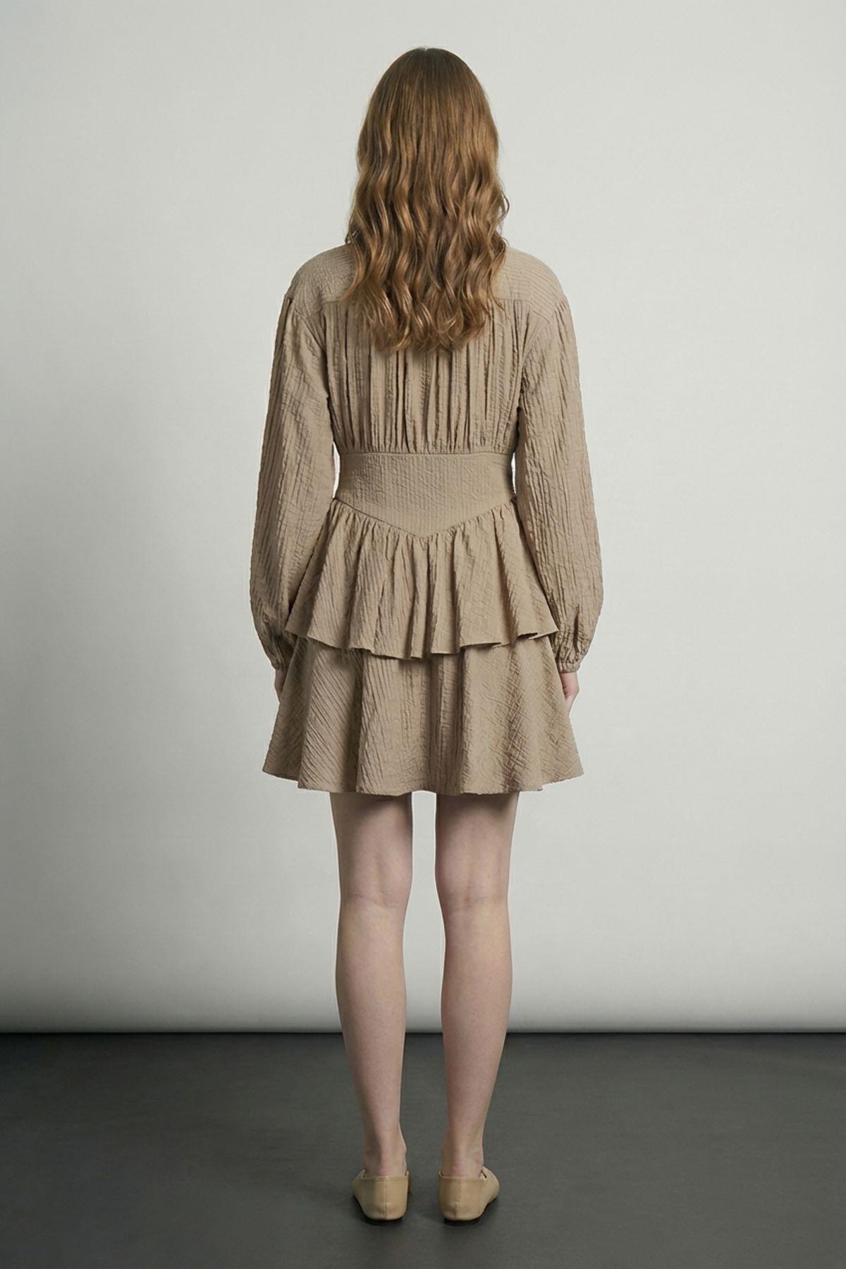 Quzu Fırfırlı Gömlek Elbise Vizon