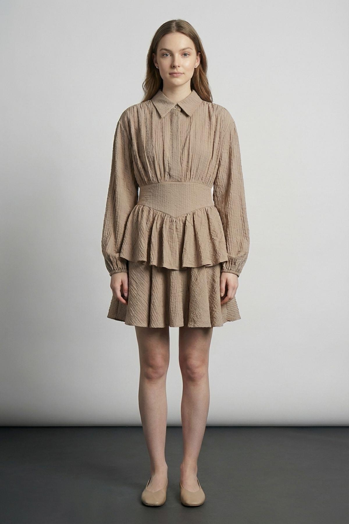 Quzu Fırfırlı Gömlek Elbise Vizon