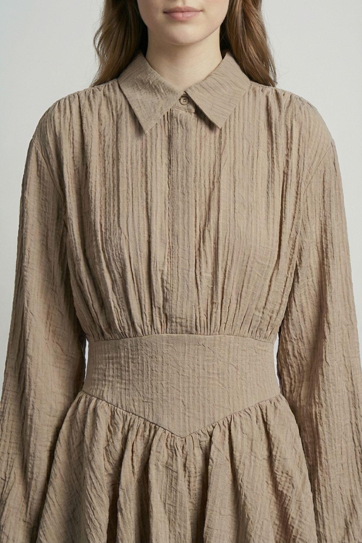 Quzu Fırfırlı Gömlek Elbise Vizon