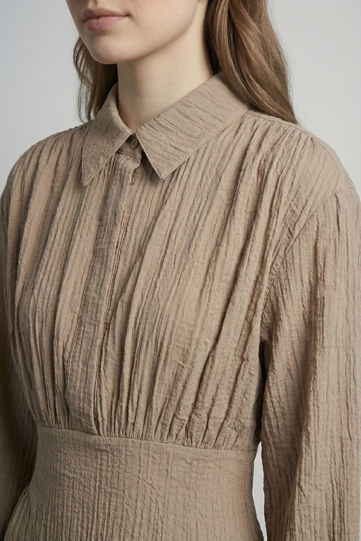 Quzu Fırfırlı Gömlek Elbise Vizon