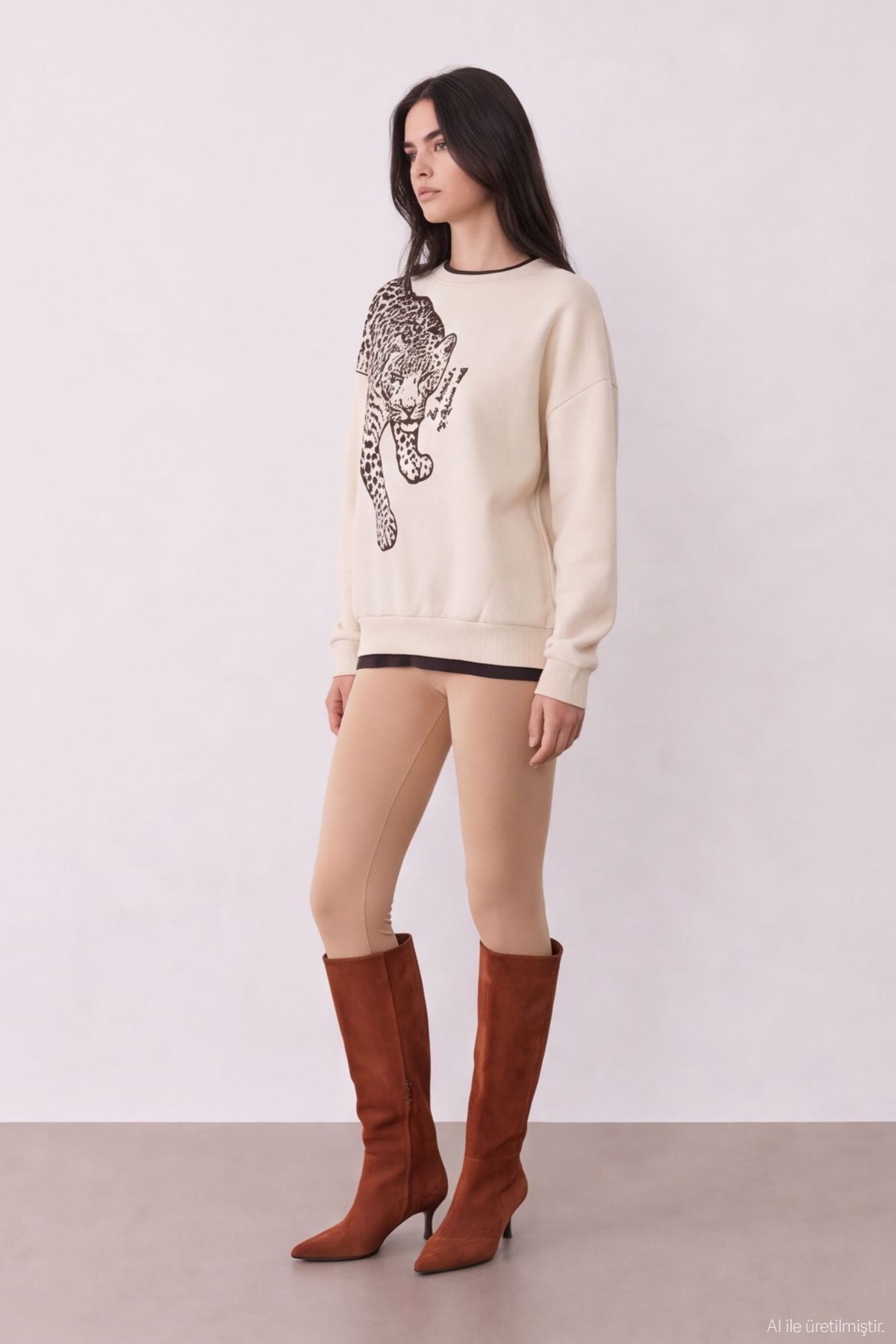 Quzu Flok Detaylı Sweatshirt Bej