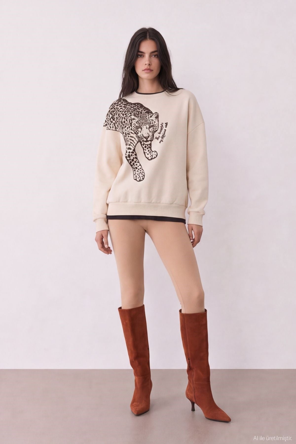 Quzu Flok Detaylı Sweatshirt Bej