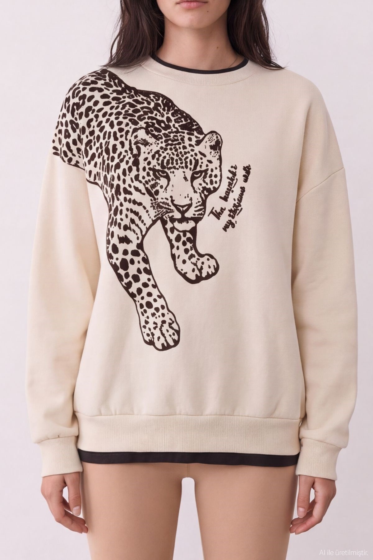 Quzu Flok Detaylı Sweatshirt Bej