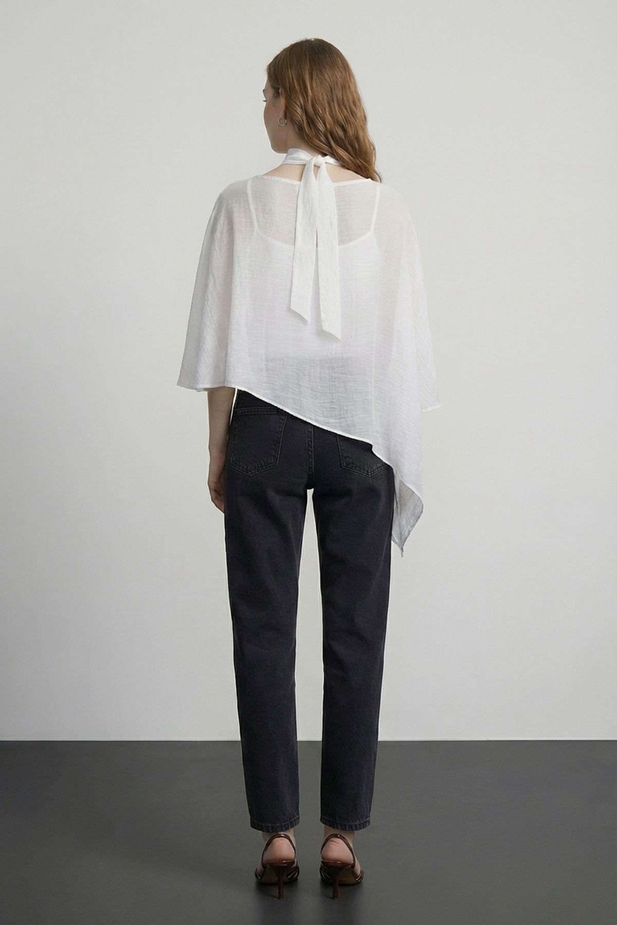 Quzu Fularlı Panço Bluz Ekru