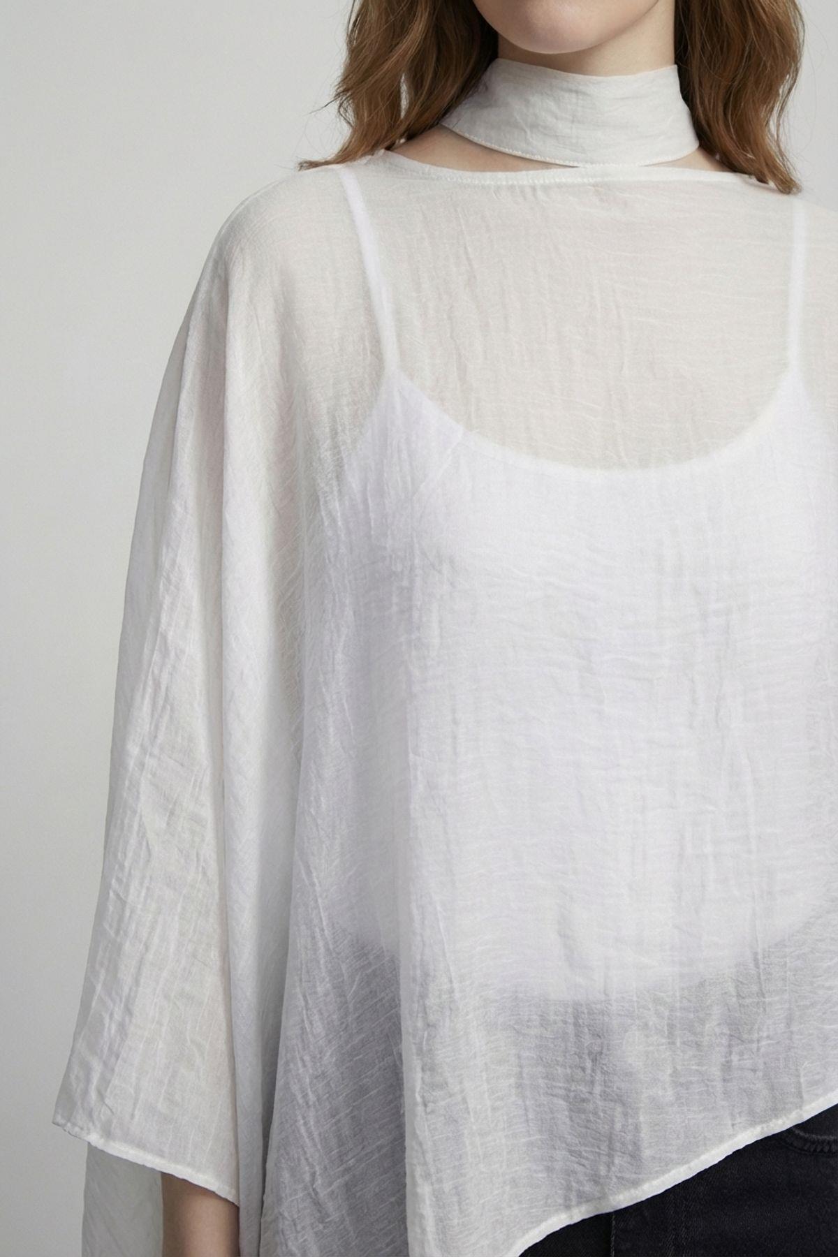 Quzu Fularlı Panço Bluz Ekru