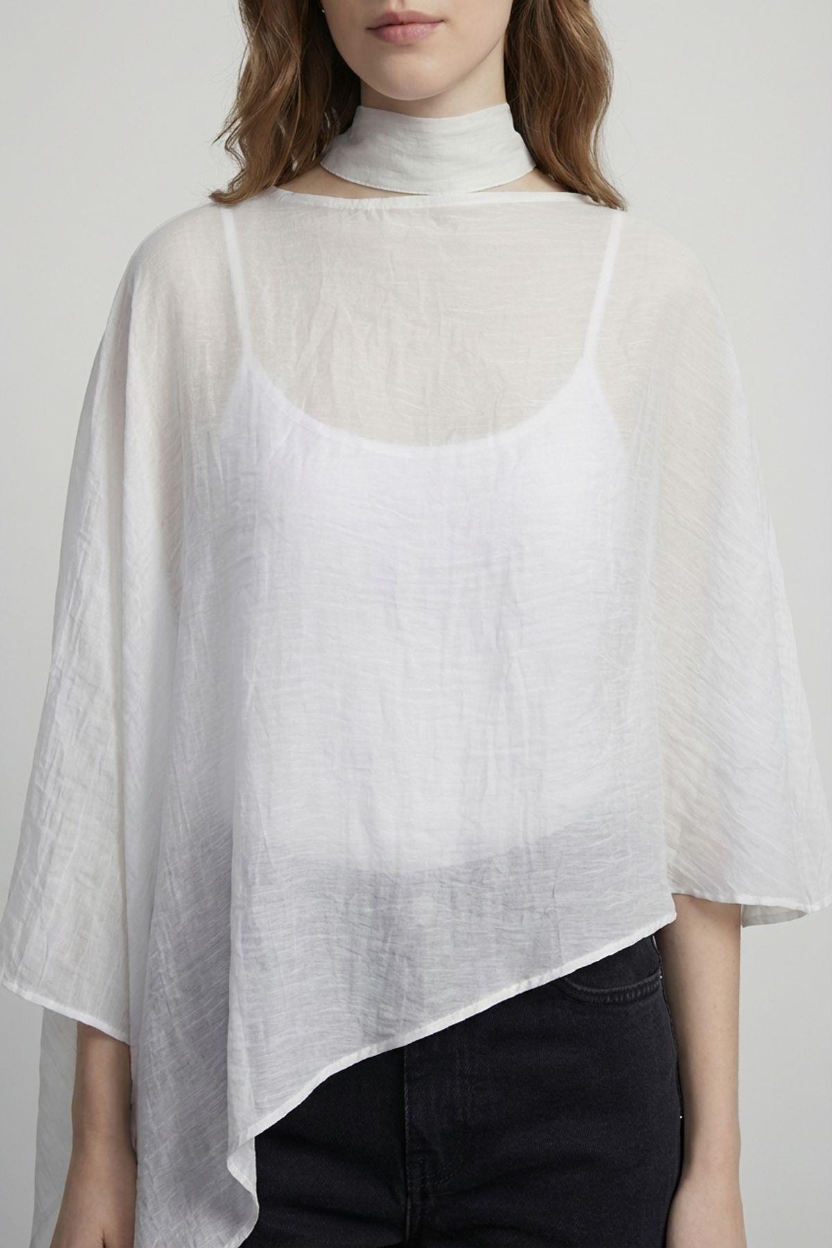 Quzu Fularlı Panço Bluz Ekru