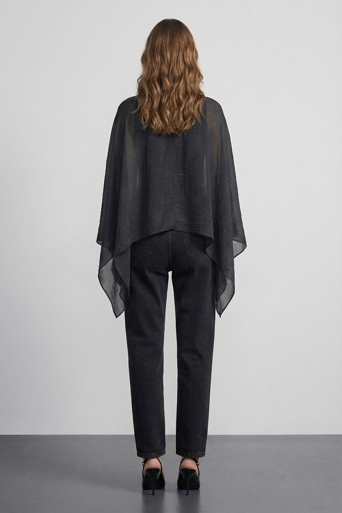 Quzu Fularlı Panço Bluz Siyah