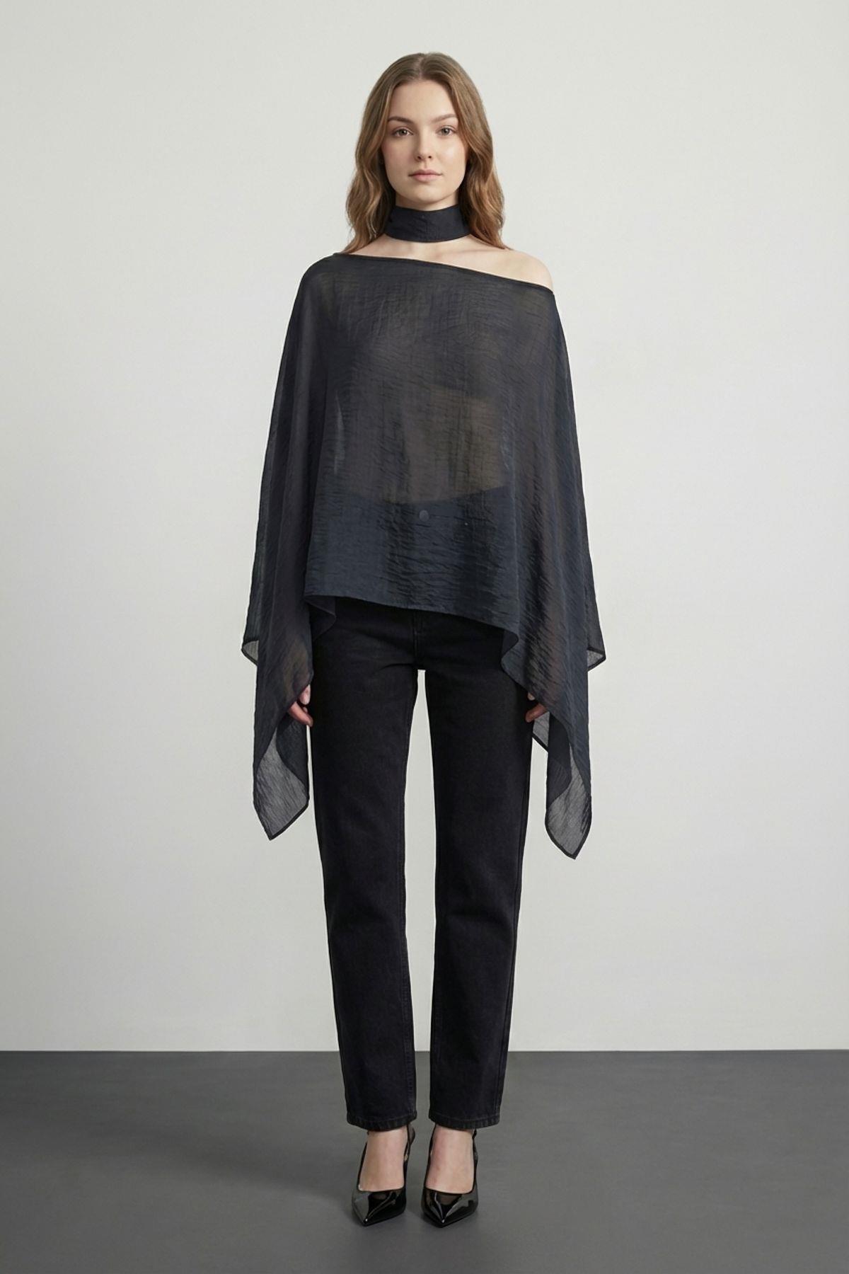 Quzu Fularlı Panço Bluz Siyah