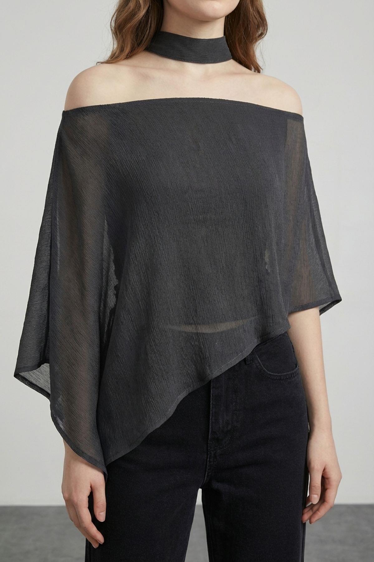 Quzu Fularlı Panço Bluz Siyah