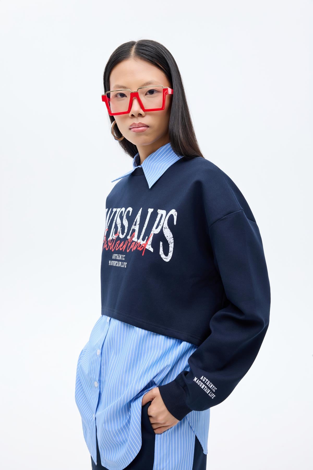 Quzu Gömlek Detaylı Sweatshirt Mavi
