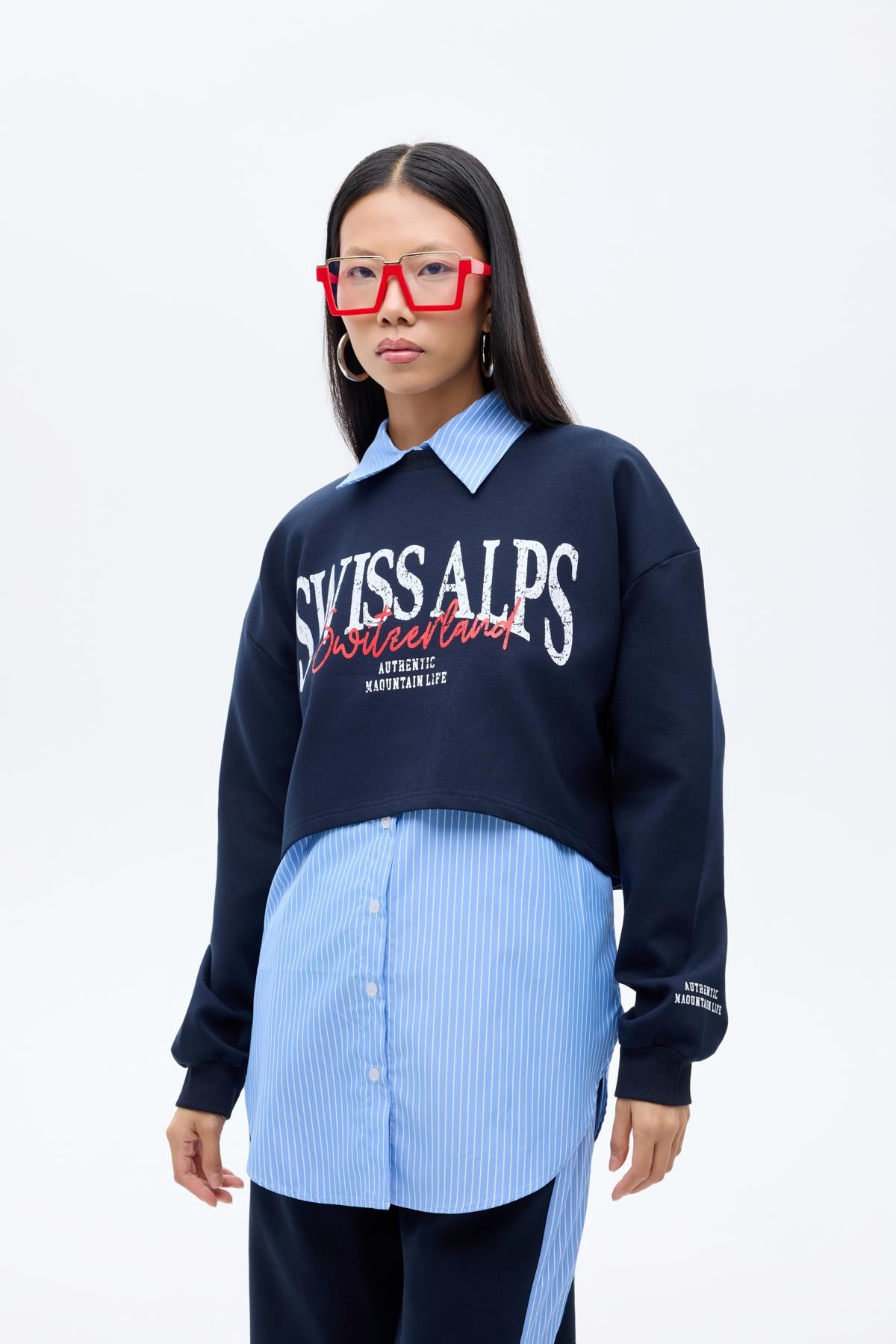 Quzu Gömlek Detaylı Sweatshirt Mavi