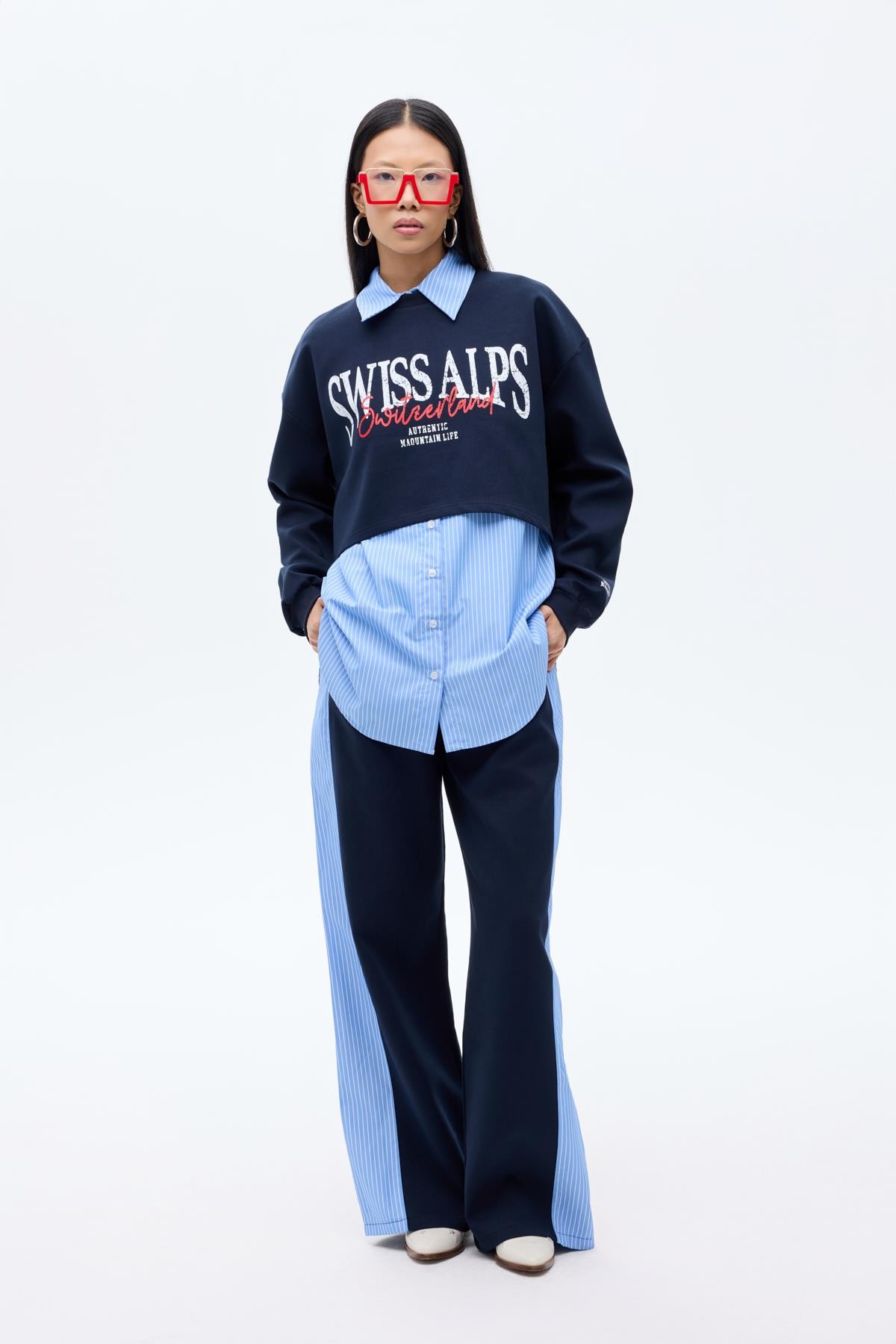 Quzu Gömlek Detaylı Sweatshirt Mavi