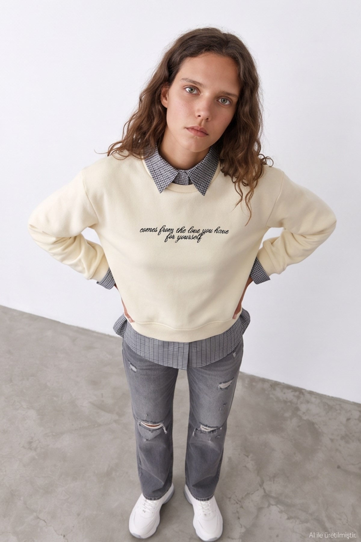 Quzu Gömlek Yaka Detaylı Sweatshirt Krem