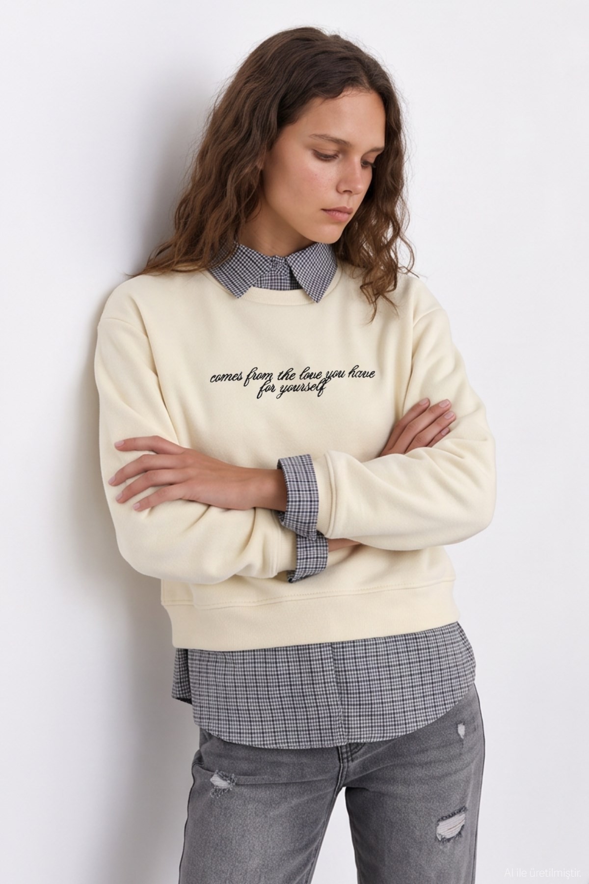 Quzu Gömlek Yaka Detaylı Sweatshirt Krem