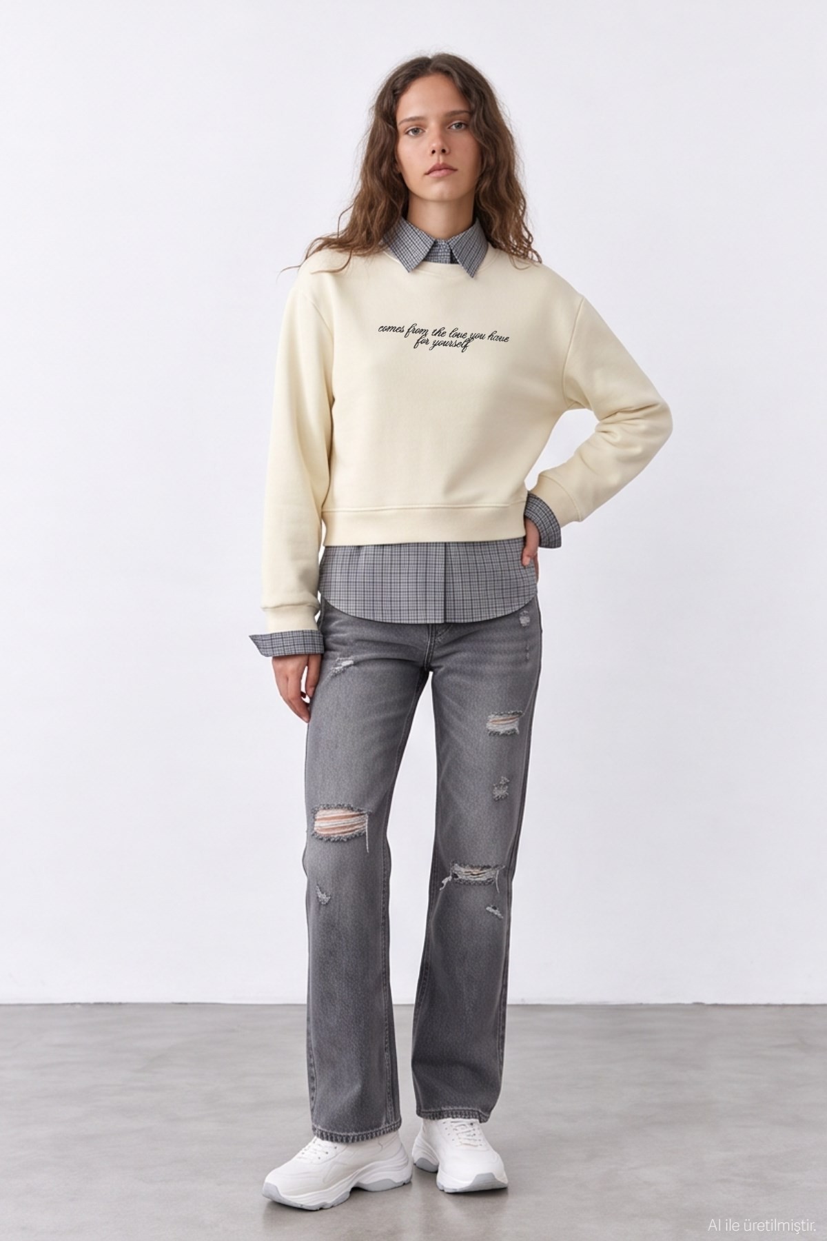 Quzu Gömlek Yaka Detaylı Sweatshirt Krem