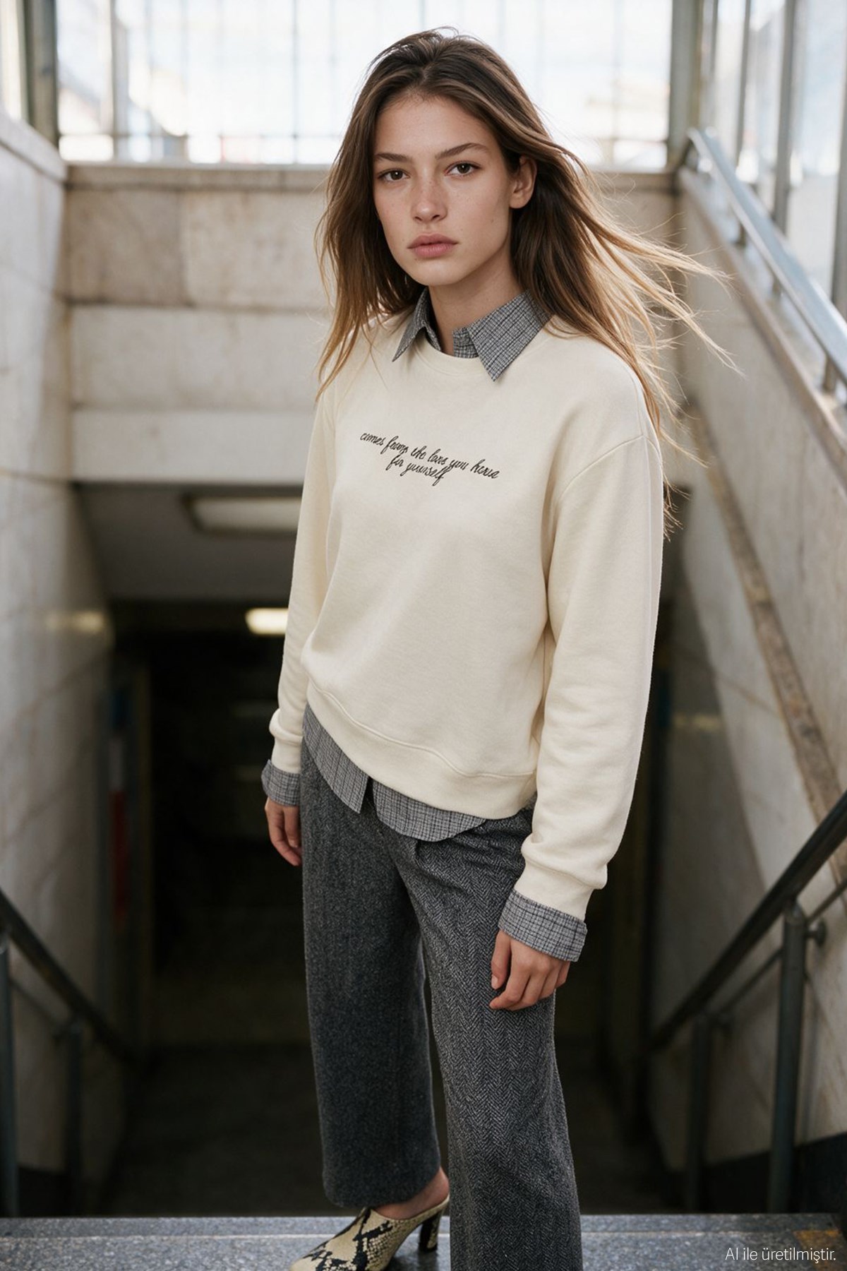 Quzu Gömlek Yaka Detaylı Sweatshirt Krem