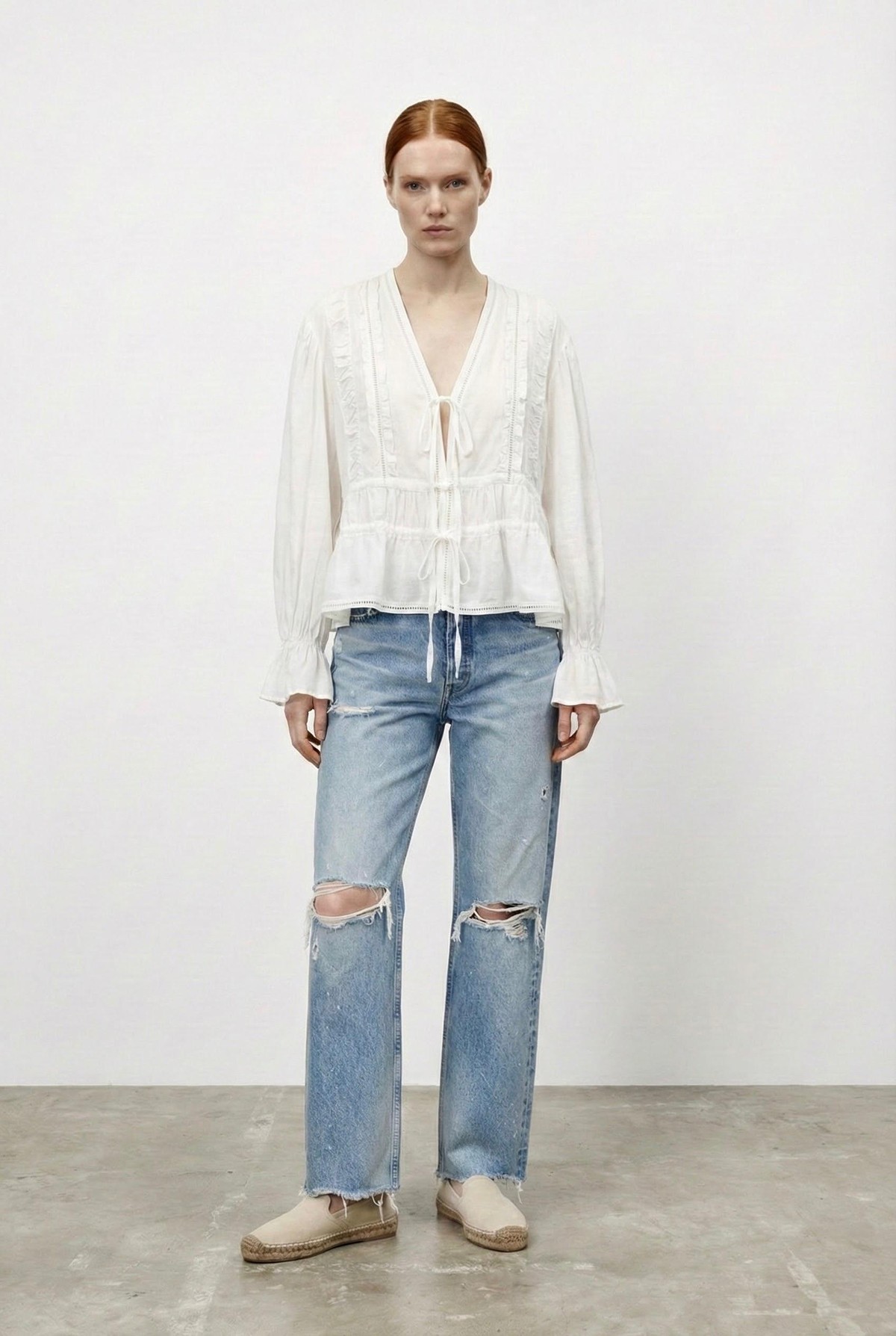 Quzu Güpür Detaylı Uzun Kollu Gömlek Ekru