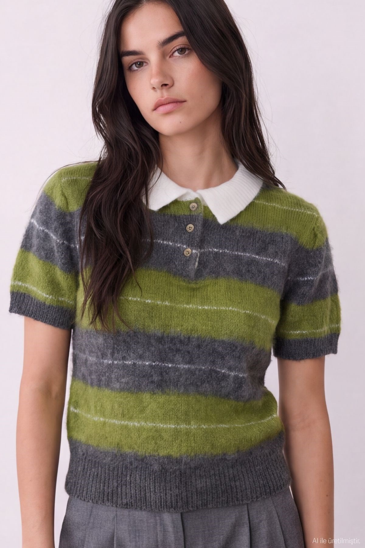 Quzu İnce Çizgili Polo Yaka Olive