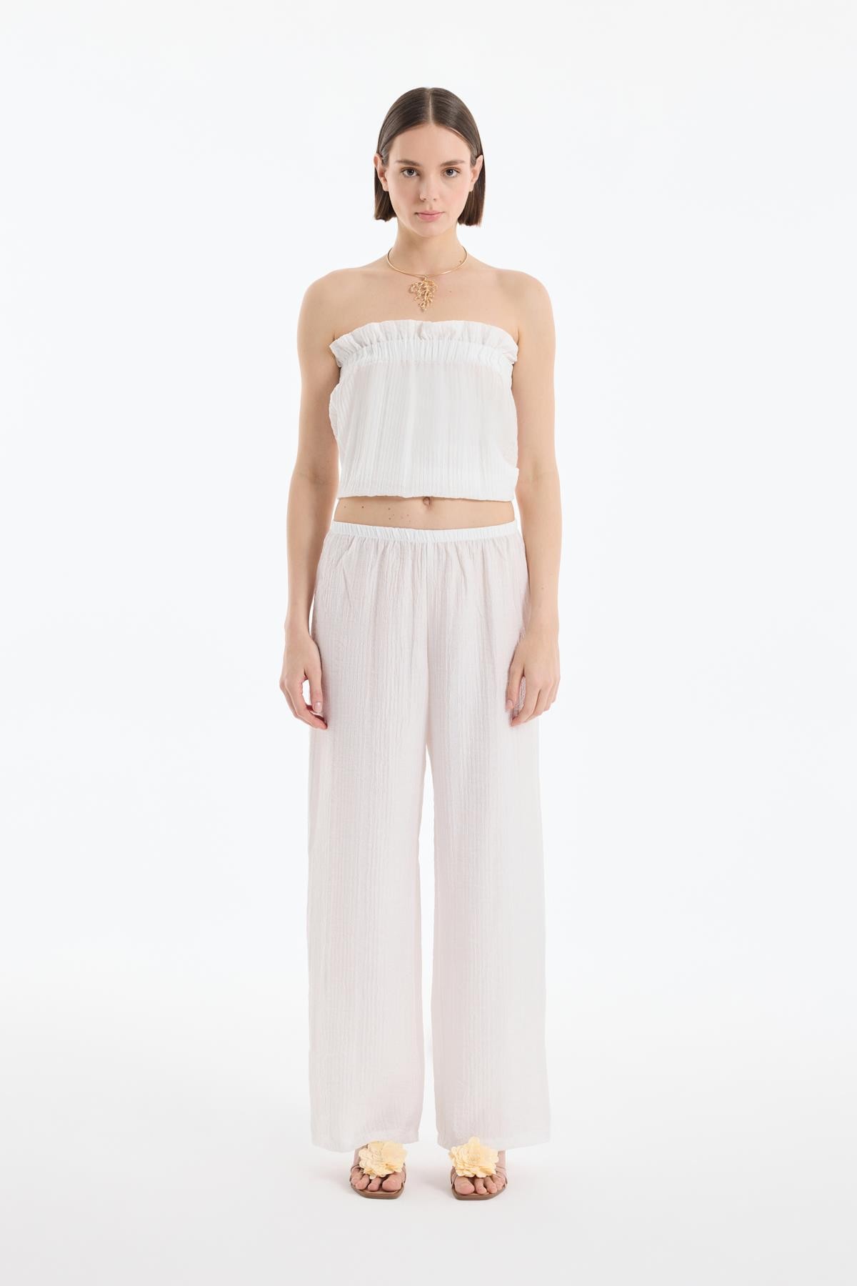 Quzu İnce Lastikli Geniş Pantolon Ekru