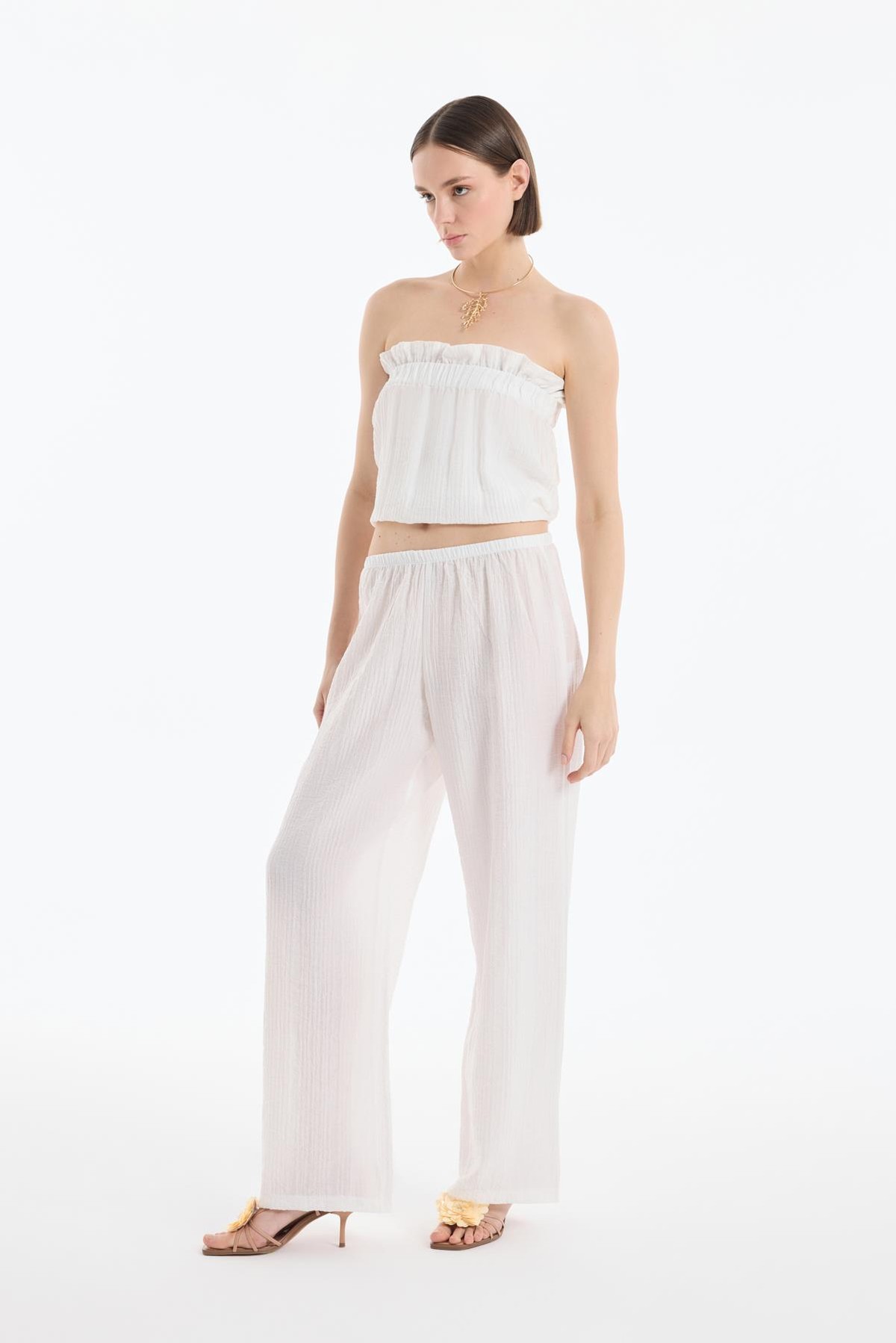 Quzu İnce Lastikli Geniş Pantolon Ekru