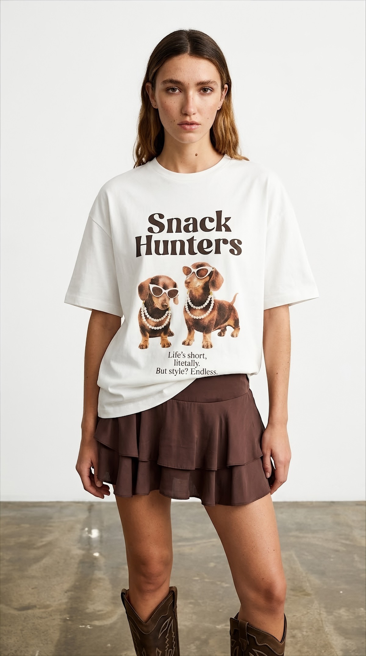 Quzu İnci Detaylı Baskılı T-shirt Ekru