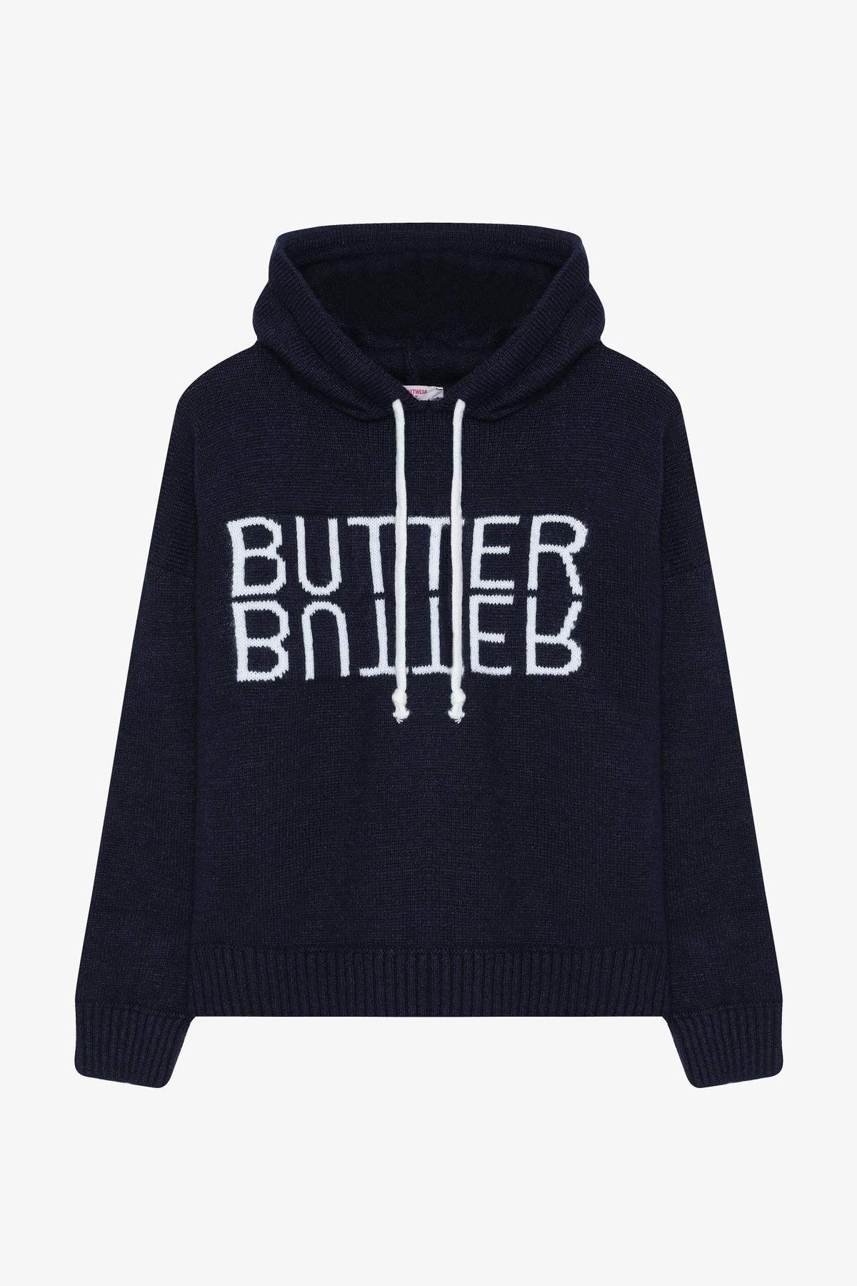 Quzu Kapüşonlu Yazı Detaylı Triko Lacivert