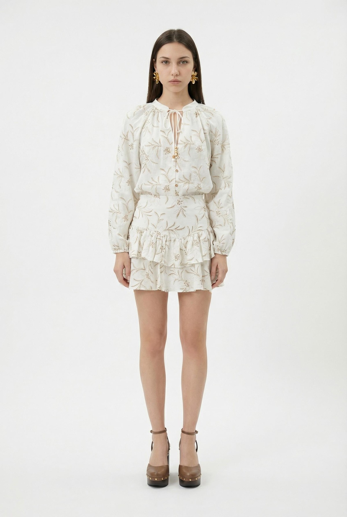 Quzu Katlı Fırfırlı Etek Ekru