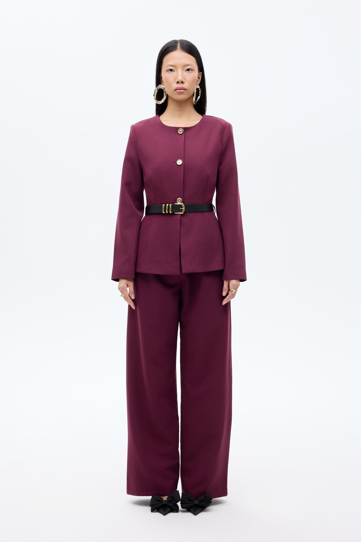 Quzu Kemer Detaylı Ceket Mürdüm