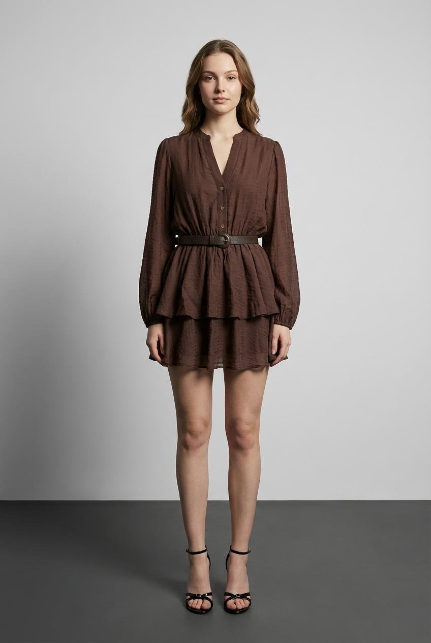 Quzu Kemer Detaylı Elbise Kahve