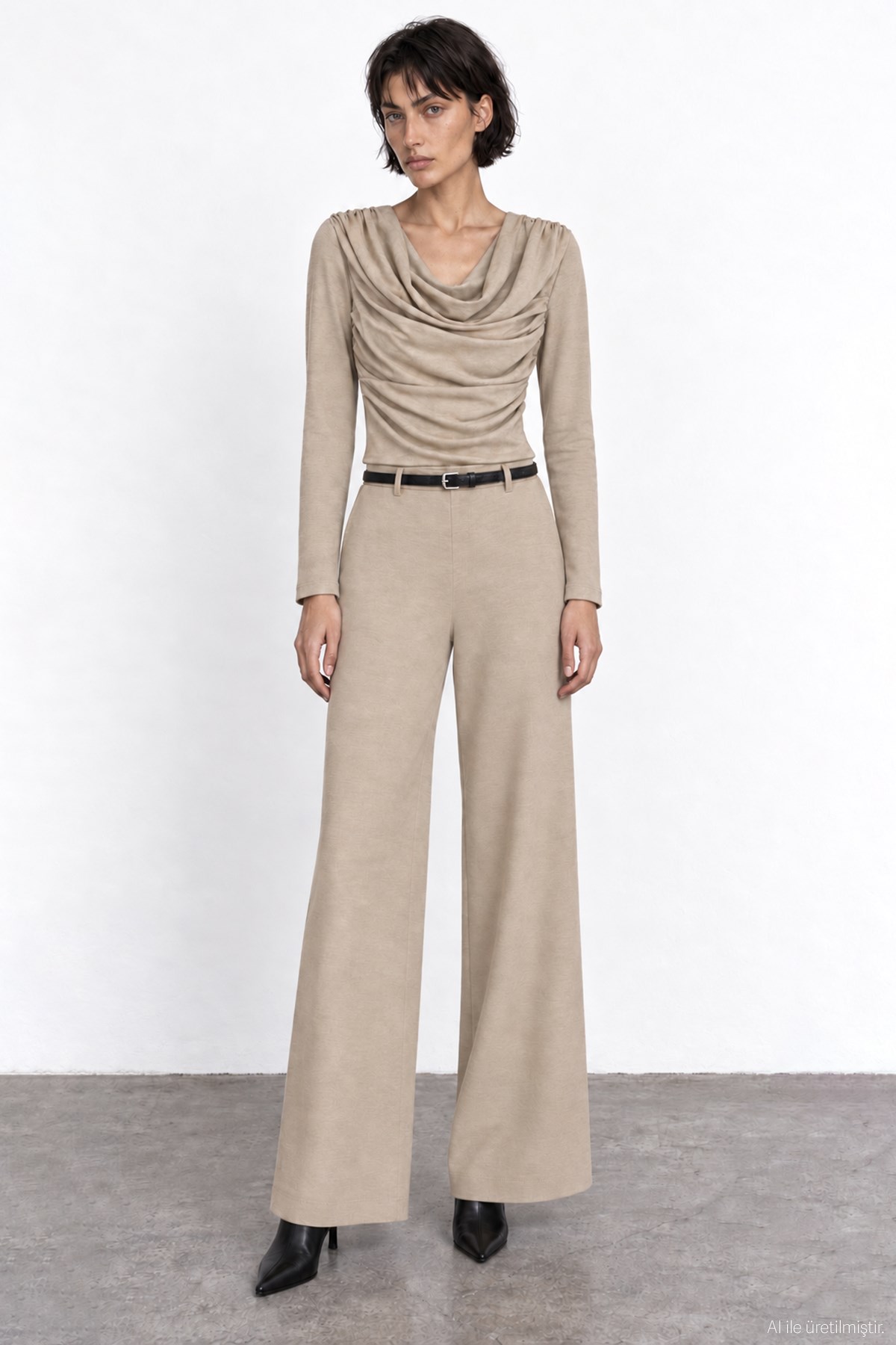 Quzu Kemer Detaylı Örme Pantolon Camel