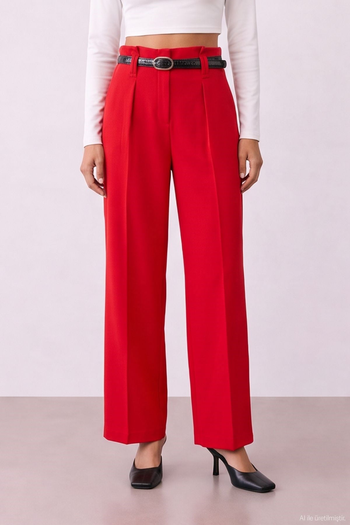 Quzu Belted Detailed Trousers Red